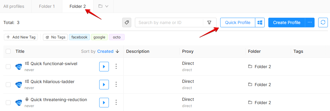 Quick profile folder Quick profile folder