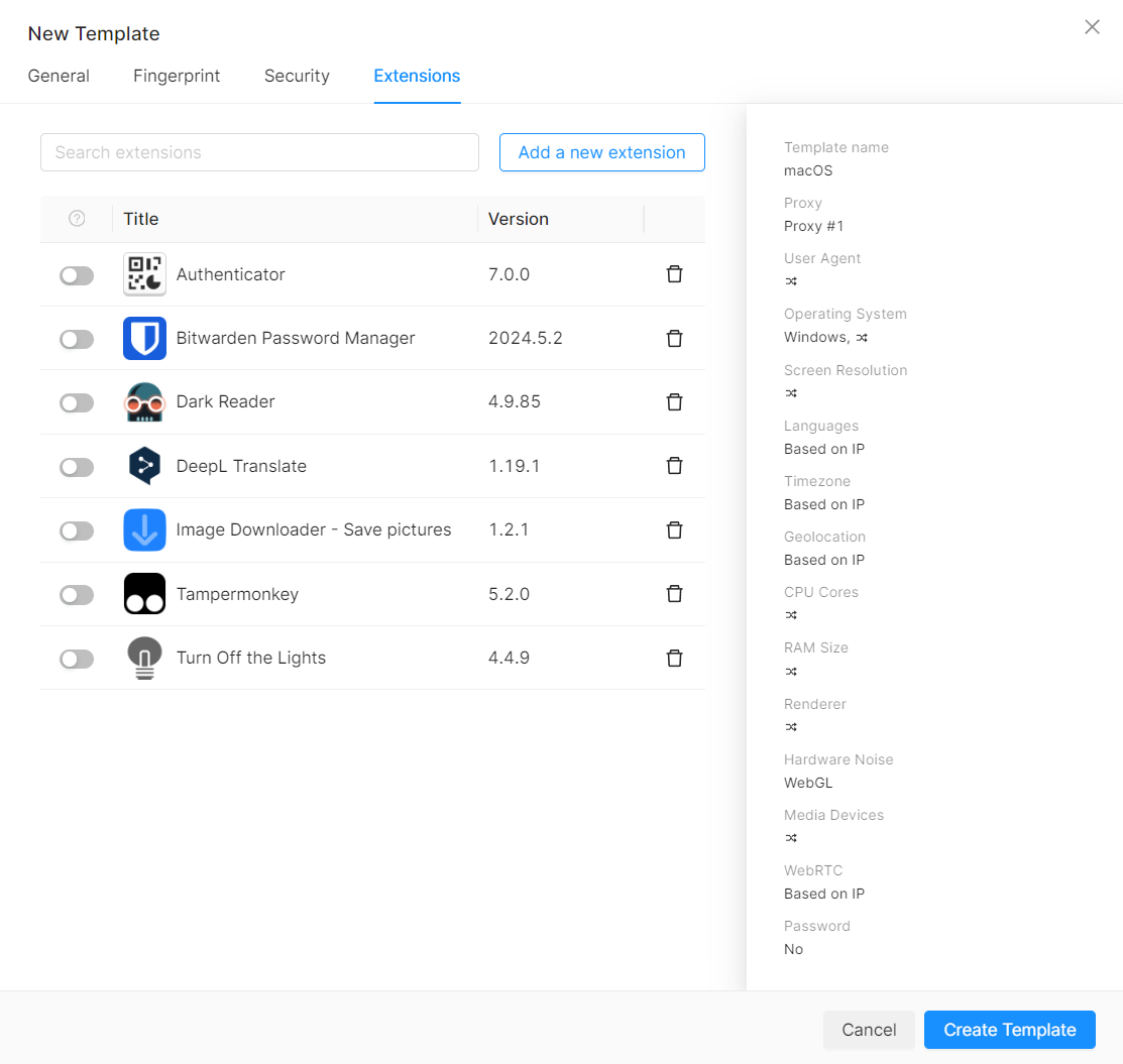 Extensions Template Settings