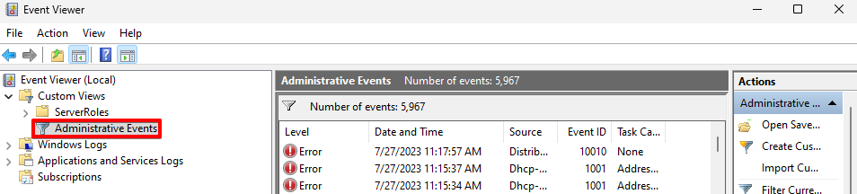 Eventviewer Administrative Events